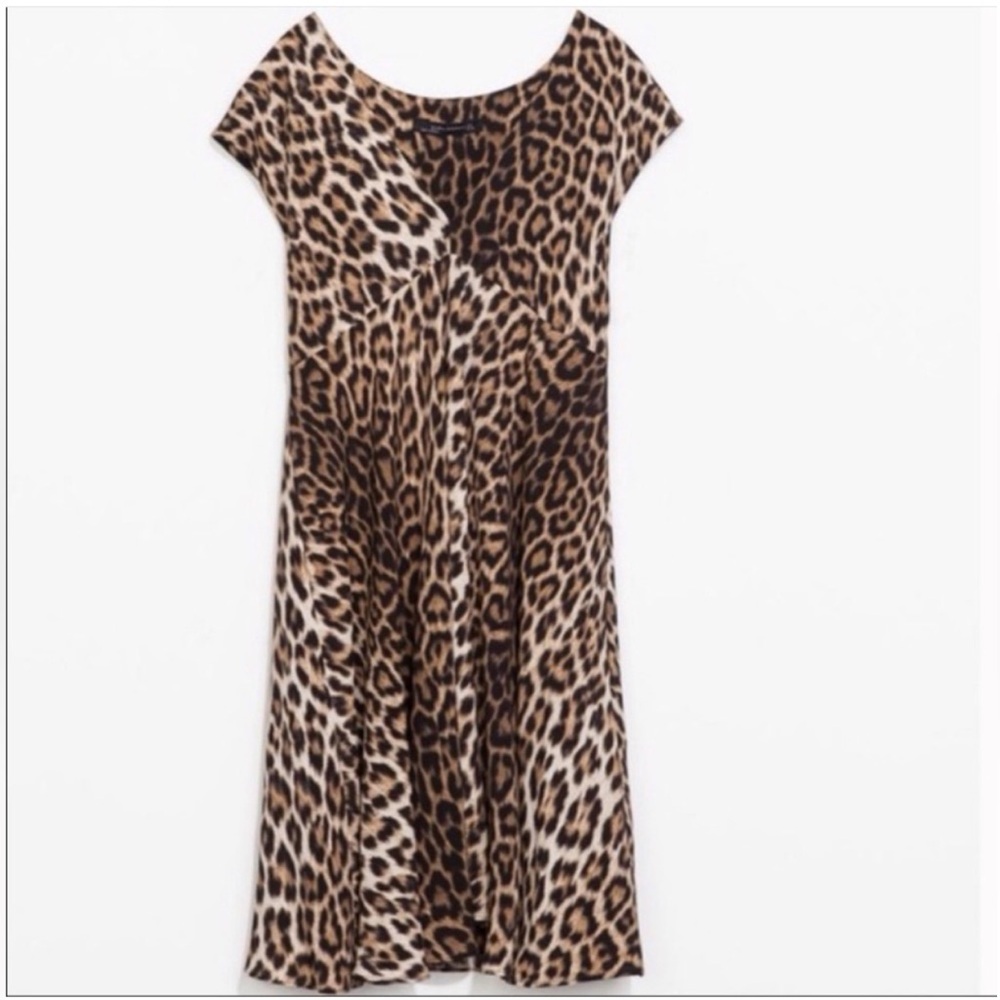 Zara Woman Animal Print Dress in Brown and Black V-Neck Size Small